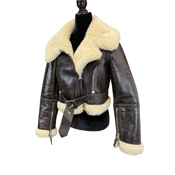 Urban Outfitters Brown Faux Leather Shearling Aviator Jacket Small - Picture 5 of 11